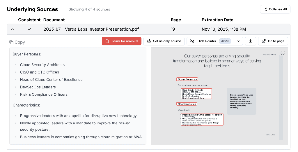 Underlying sources review with extraction highlights