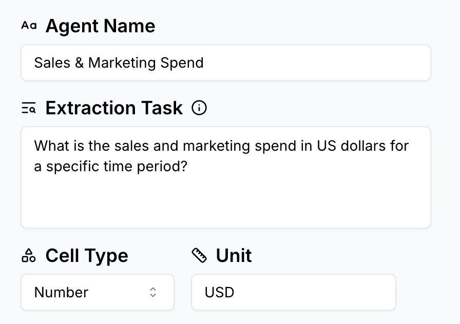 Agent configuration: name, extraction task, cell type and unit