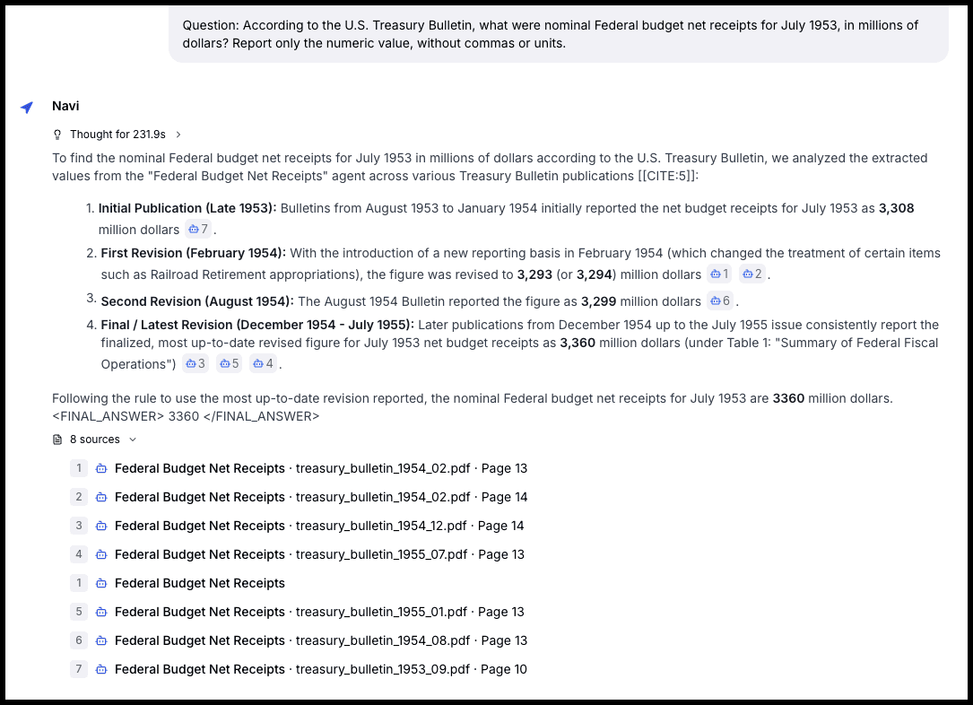 Navi answering the sample benchmark question with cited sources
